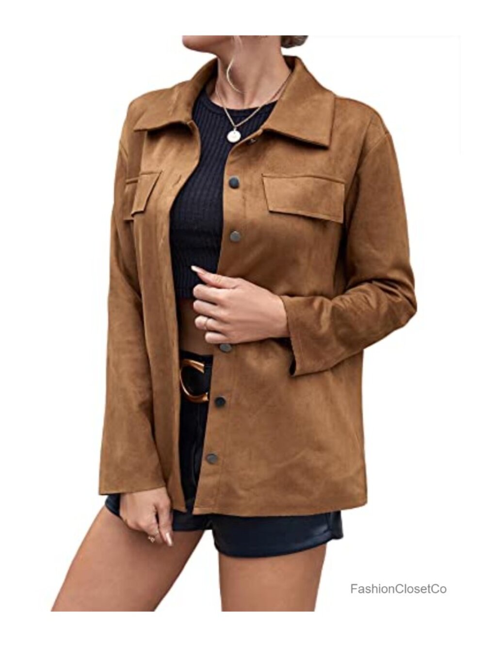 Faux Suede Shirt Jacket Snap Button Down Oversized Shacket Women